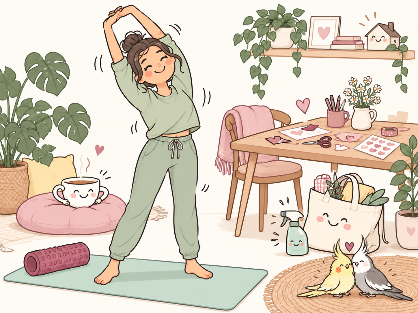 Fröhliche Illustration mit kreativen Alltagsmomenten und Nymphensittichen